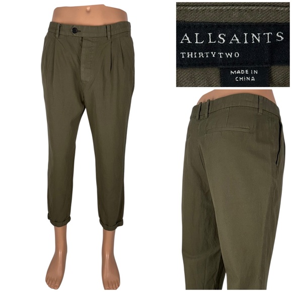 All Saints Other - Allsaints Mens 32 X 25 Pants Tallis Pleated Cropped Trouser Green Cotton Wool